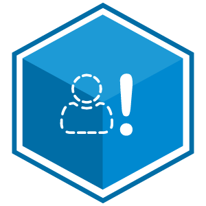 VCS Intelligent Workforce Management icon representing the Staff Selector module. Blue hexagon with dotted figure and exclamation point symbols