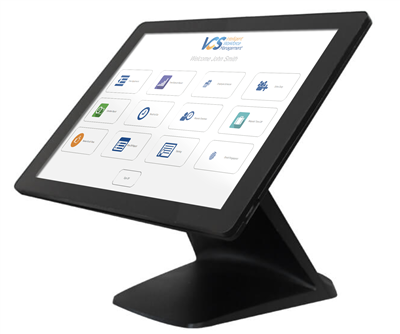 Touch Dynamic Breeze 185 All in One - 15" POS System. Square, black device with touch screen and card reader.