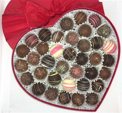 Image of 36 assorted  Bite-sized Truffles in Red Heart Box.