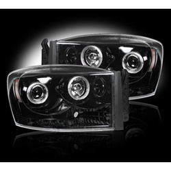 Recon 264199BK Projector Headlight Smoked 2006-2009 Dodge Ram 1500/2500/3500 with LED Halo & DRL