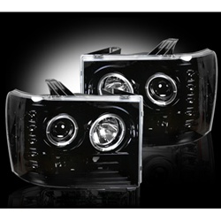 Recon 264271BK Projector Headlight Smoked 2007-2012 GMC Sierra, Denali w LED Halo & DRL