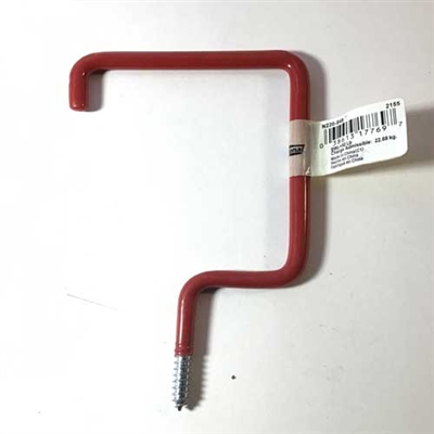 Large metal storage hook with screw threads on one end and coated with a red mar proof covering