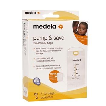 Medela Pump & Save Breastmilk Freezer or Storage Bags 20's ( With -2 - Adapters )