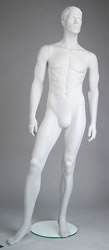 Male Mannequins: White, Hands by Side, Leg Bent, Sculpted Head