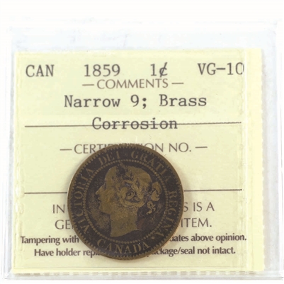 1859 Narrow 9, Brass Canada 1-cent ICCS Certified VG-10 Corrosion