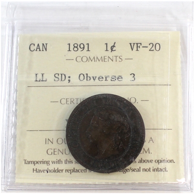 1891 LLSD, Obv. 3 Canada 1-cent ICCS Certified VF-20