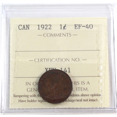 1922 Canada 1-cent ICCS Certified EF-40