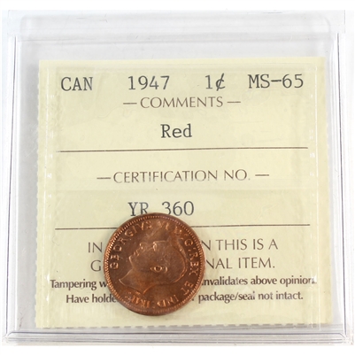 1947 Canada 1-cent ICCS Certified MS-65 Red