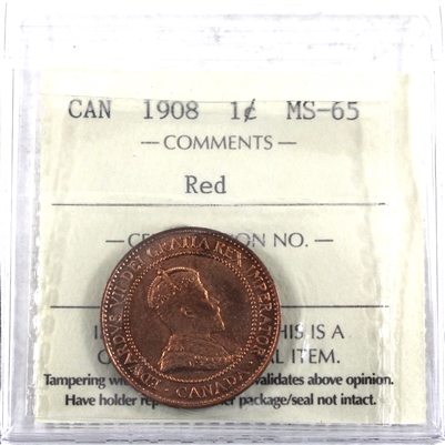 1908 Canada 1-cent ICCS Certified MS-65 Red (XIC 354)