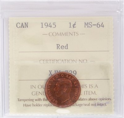 1945 Canada 1-cent ICCS Certified MS-64 Red