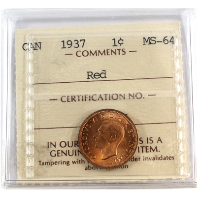 1937 Canada 1-cent ICCS Certified MS-64 Red