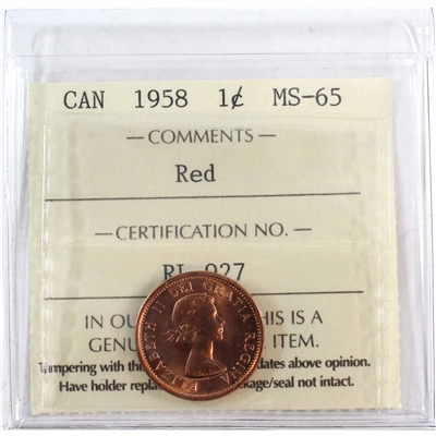 1958 Canada 1-cent ICCS Certified MS-65 Red