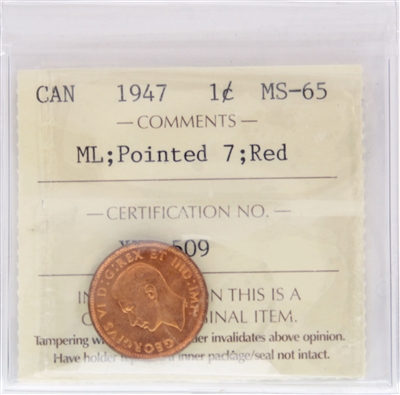 1947 Maple Leaf Pointed 7 Canada 1-cent ICCS Certified MS-65 Red