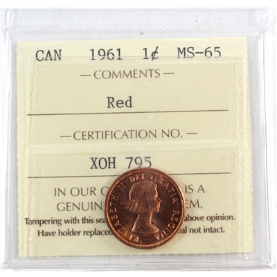 1961 Canada 1-cent ICCS Certified MS-65 Red