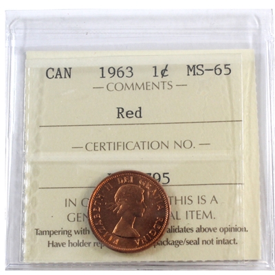 1963 Canada 1-cent ICCS Certified MS-65 Red