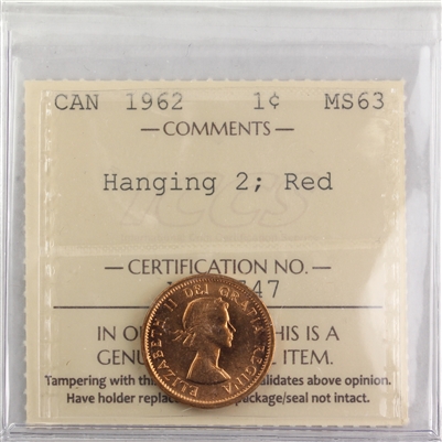 1962 Hanging 2 Canada 1-cent ICCS Certified MS-63 Red