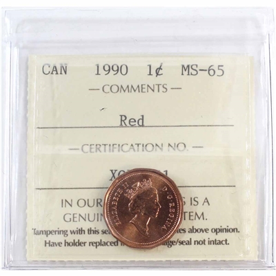 1990 Canada 1-cent ICCS Certified MS-65 Red