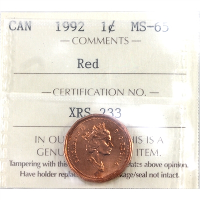1992 Canada 1-cent ICCS Certified MS-65 Red