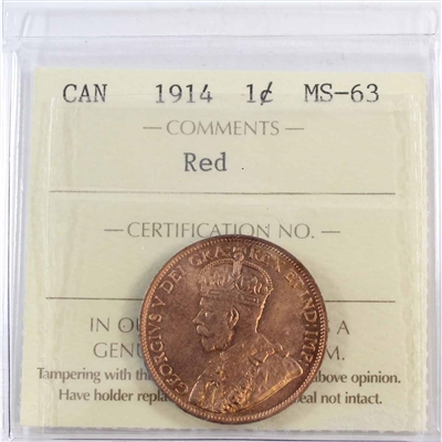1914 Canada 1-cent ICCS Certified MS-63 Red (XTR 198)