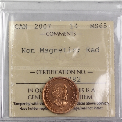 2007 Non Magnetic Canada 1-cent ICCS Certified MS-65 Red