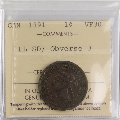 1891 LLSD, Obv. 3 Canada 1-cent ICCS Certified VF-30