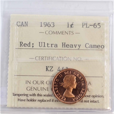 1963 Canada 1-cent ICCS Certified PL-65 Red; Ultra Heavy Cameo