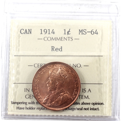 1914 Canada 1-cent ICCS Certified MS-64 Red (XCE 744)