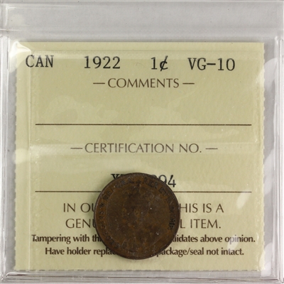 1922 Canada 1-cent ICCS Certified VG-10