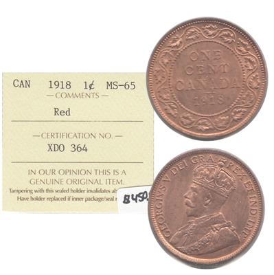 1918 Canada 1-cent ICCS Certified MS-65 Red (XDO 364)