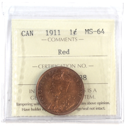 1911 Canada 1-cent ICCS Certified MS-64 Red (XJX 138)