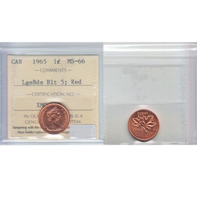 1965 LgBds Bl 5 (Type 3) Canada 1-cent ICCS Certified MS-66 Red