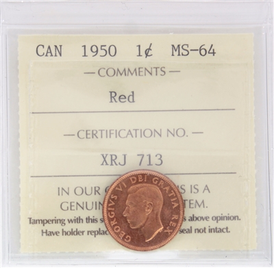 1950 Canada 1-cent ICCS Certified MS-64 Red