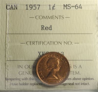 1957 Canada 1-cent ICCS Certified MS-64 Red