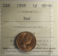 1958 Canada 1-cent ICCS Certified MS-64 Red