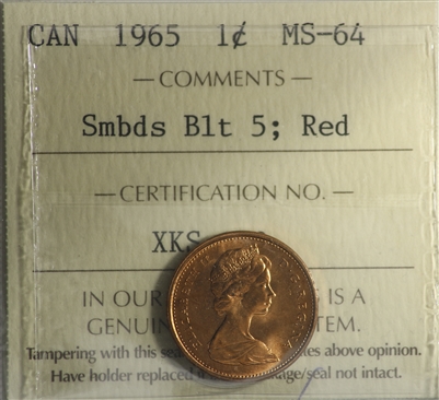 1965 SmBds Blt 5 (Type 2) Canada 1-cent ICCS Certified MS-64 Red