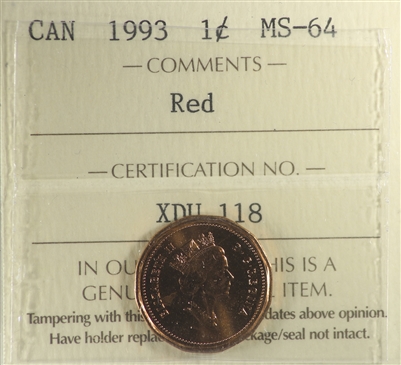 1993 Canada 1-cent ICCS Certified MS-64 Red