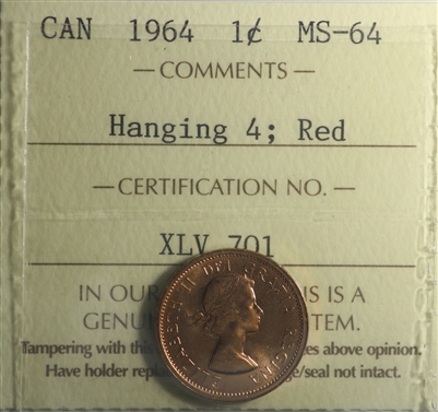 1964 Hanging 4 Canada 1-cent ICCS Certified MS-64 Red