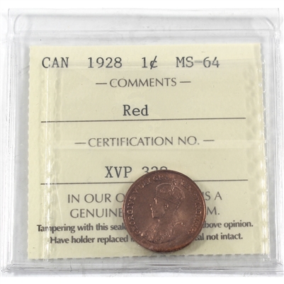 1928 Canada 1-cent ICCS Certified MS-64 Red (XVP 338)