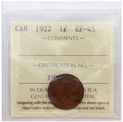 1922 Canada 1-cent ICCS Certified EF-45