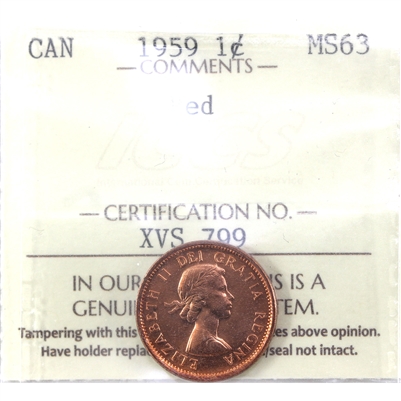 1959 Canada 1-cent ICCS Certified MS-63 Red