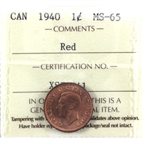 1940 Canada 1-cent ICCS Certified MS-65 Red