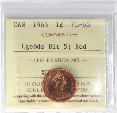 1965 LgBds Bl 5 (Type 3) Canada 1-cent ICCS Certified PL-65 Red