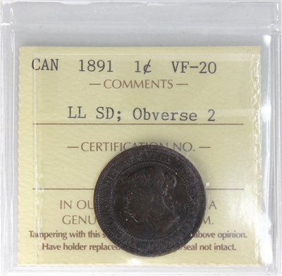 1891 LLSD, Obv. 2 Canada 1-cent ICCS Certified VF-20 (XUV 266)