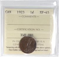 1923 Canada 1-cent ICCS Certified EF-45