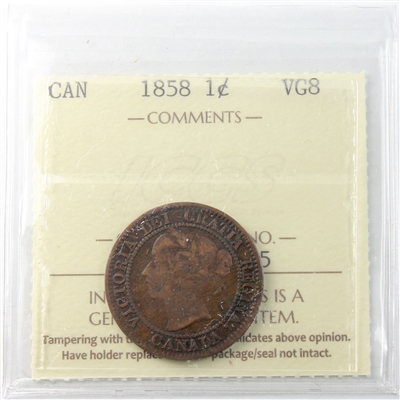 1858 Canada 1-cent ICCS Certified VG-8