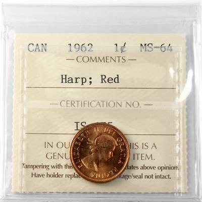 1962 Harp Canada 1-cent ICCS Certified MS-64 Red