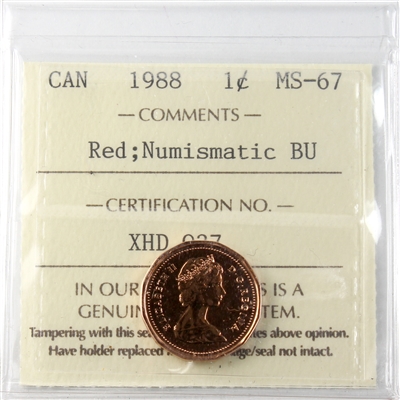 1988 Canada 1-cent ICCS Certified MS-67 Red; NBU