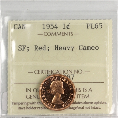 1954 SF Canada 1-cent ICCS Certified PL-65 Red; Heavy Cameo