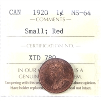 1920 Small Canada 1-cent ICCS Certified MS-64 Red (XID 780)
