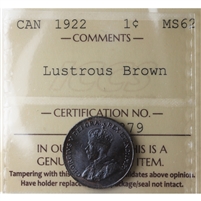 1922 Canada 1-cent ICCS Certified MS-62 Lustrous Brown (XMY 879)
